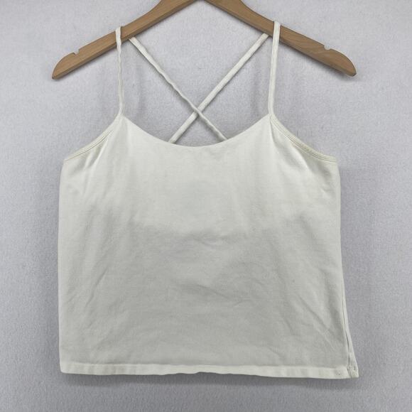 EILEEN FISHER Tank Top M Organic Cotton Jersey Cross Back Shelf Bra White USA - Picture 1 of 13